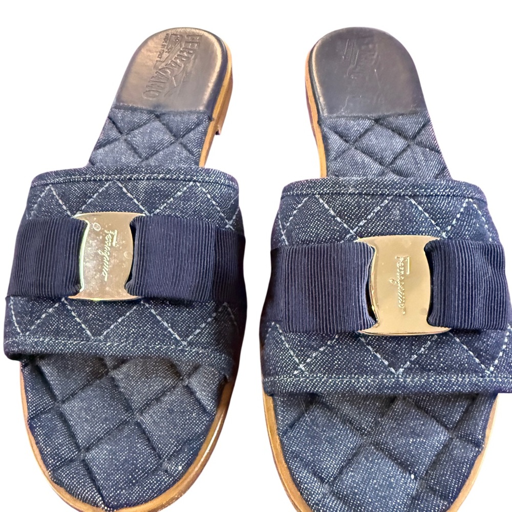 Salvatore Ferragamo Blue Quilted Sandals with Bow - Picture 6 of 7